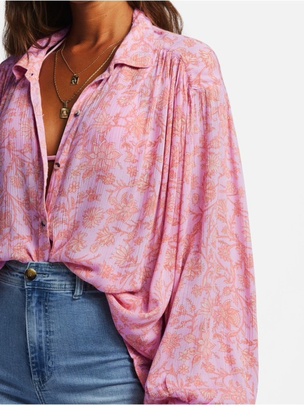 BILLABONG Day After Day Pink Trails Floral Oversized Shirt Large